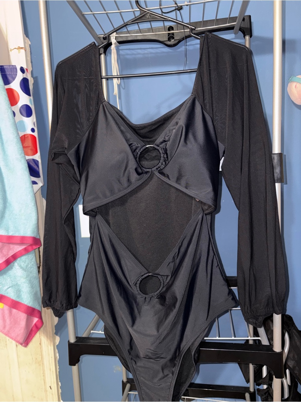 SHEIN Black Long-Sleeve One-Piece Swimsuit with Ring Cutouts